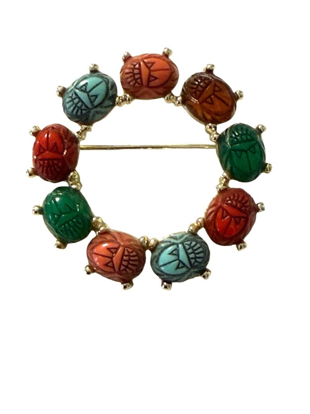Vintage Egyptian Revival Scarab Circle Brooch Multicolor Carved Scarab Pin 1.5"